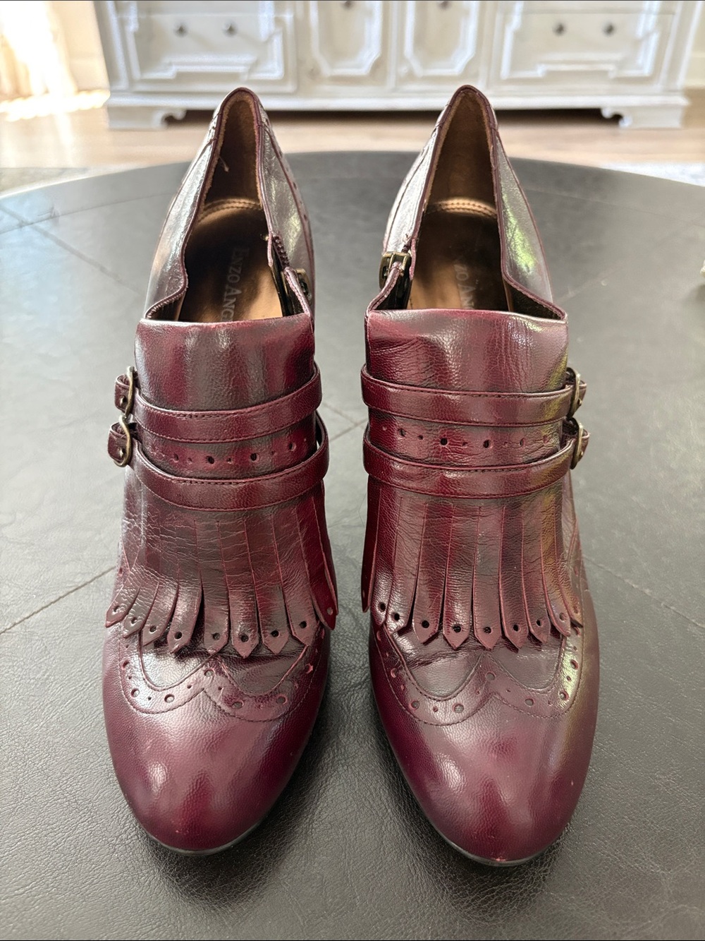 Enzo Angiolini Burgundy Fringe Buckle Pump